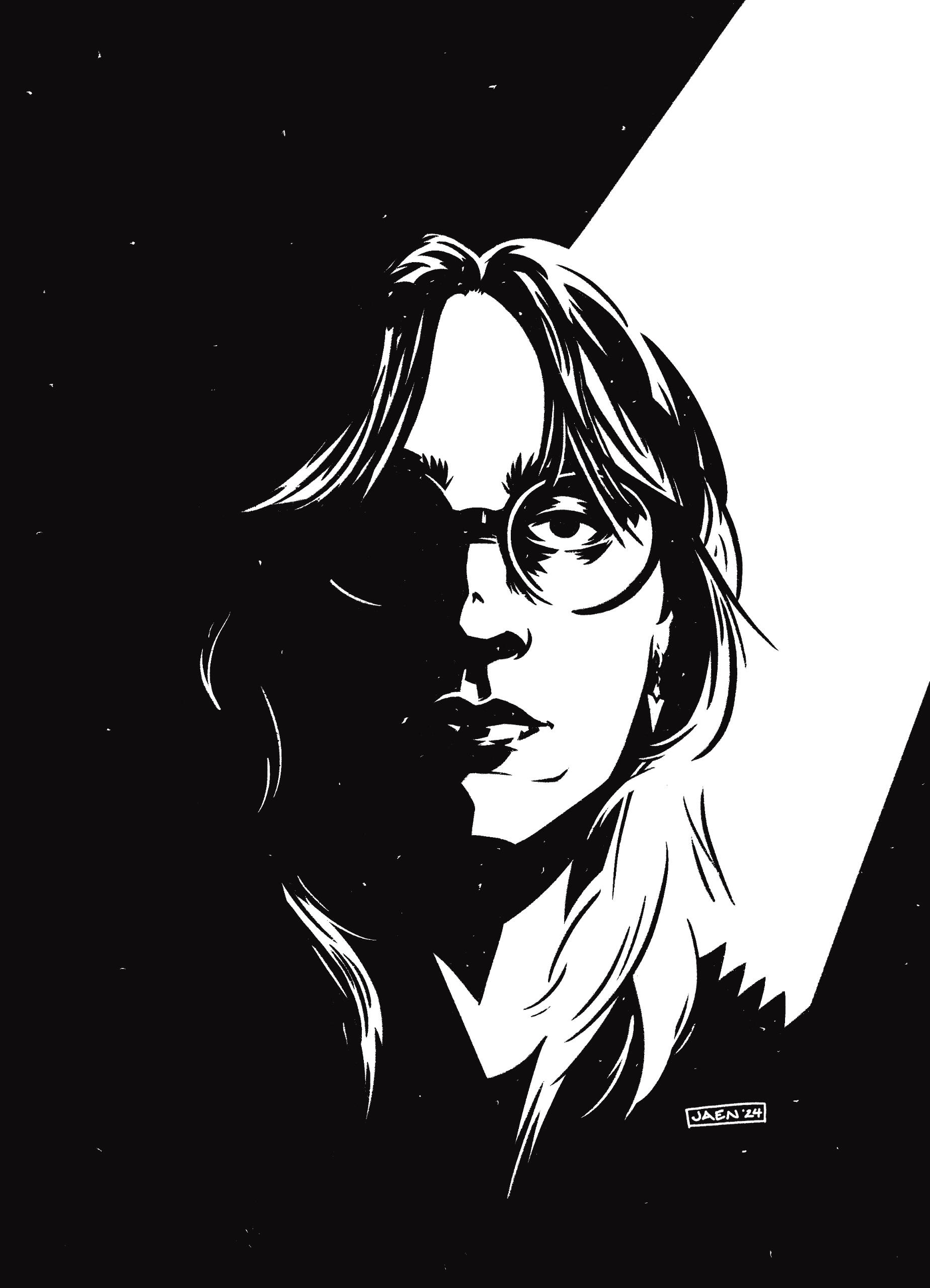a black and white self portrait illustration of jaen, a trans woman with long hair and circular glasses, in dramatic chiaroscuro lighting